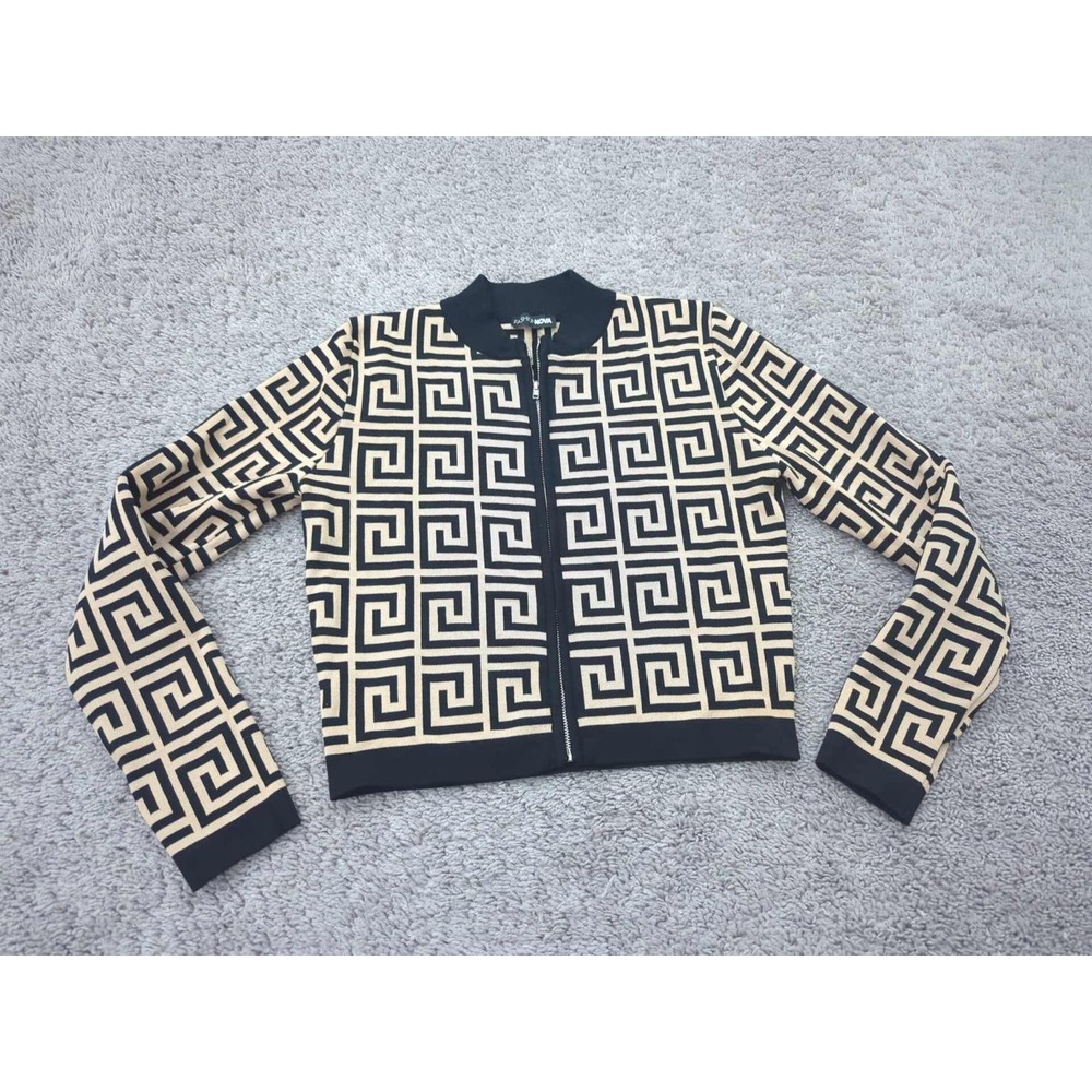 Fashion Nova Women's L Tan Black Greek Key Geometric Full Zip Bomber Jacket